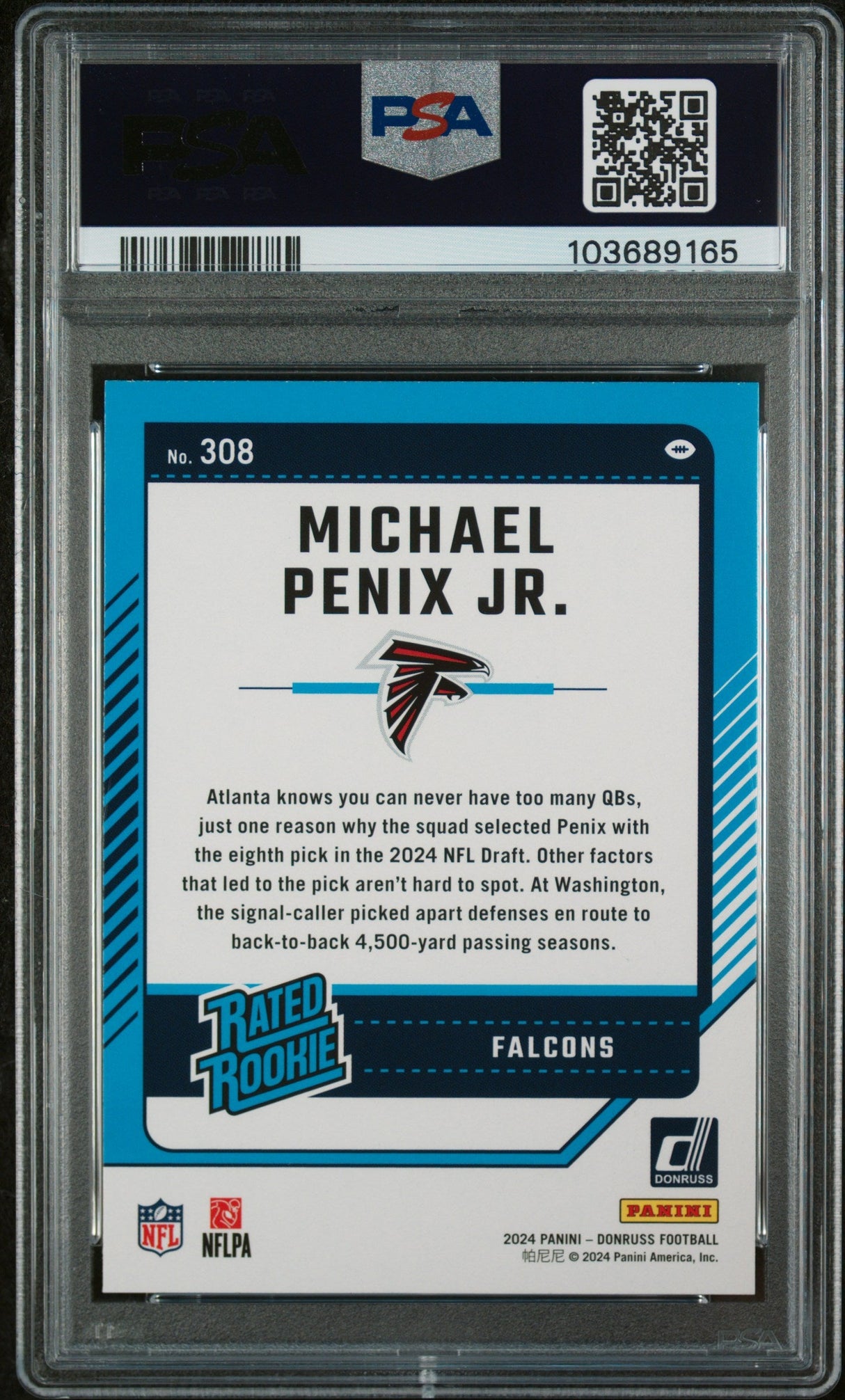 Tarjeta de fútbol RC de novato Panini Donruss Michael Penix Jr #308, clasificada en 2024, PSA 10 Gem Mint