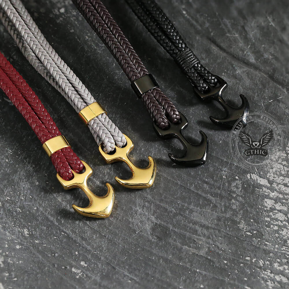 Pulsera de acero inoxidable trenzada de cuero con hebilla de ancla