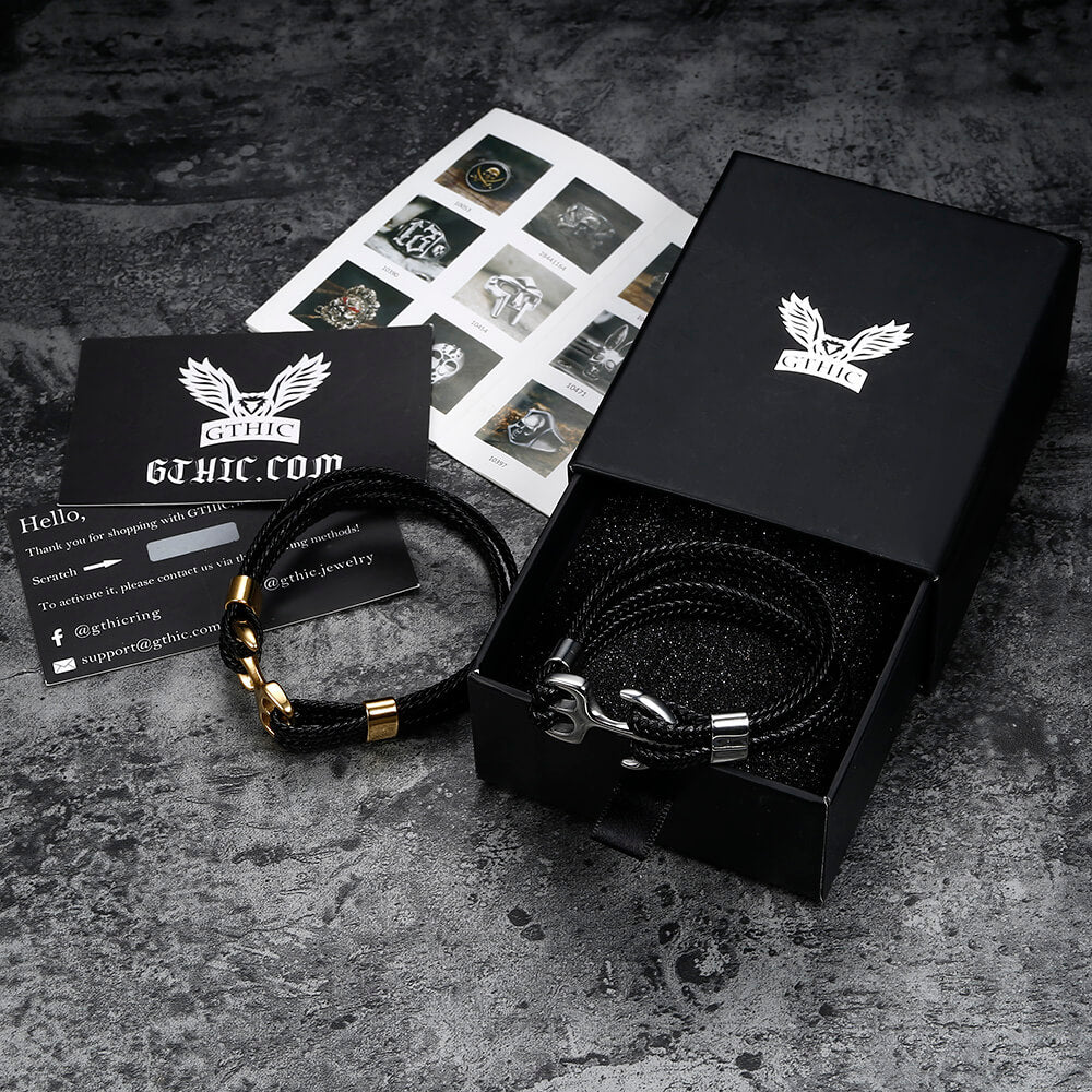 Pulsera de acero inoxidable trenzada de cuero con hebilla de ancla