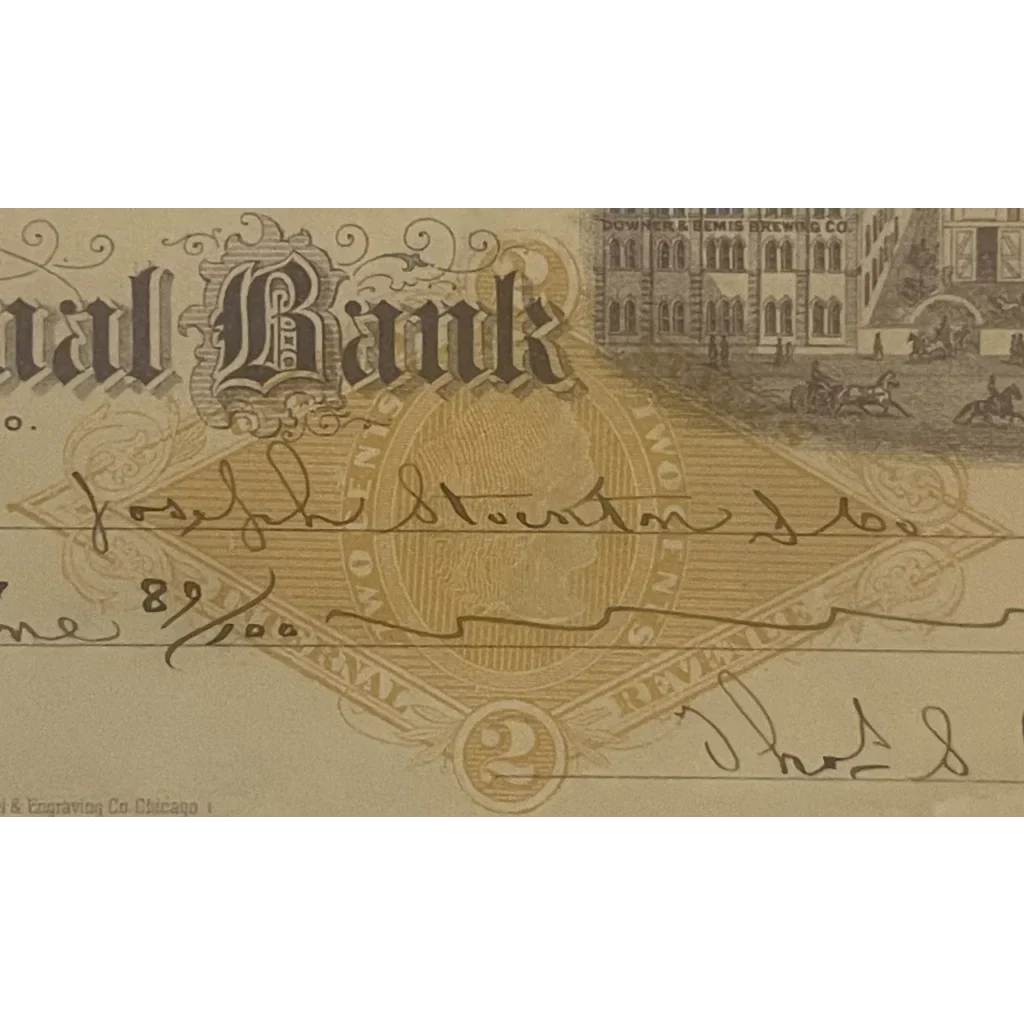 Rare Antique 1880s Downer and Bemis Brewing Co. Chicago Check