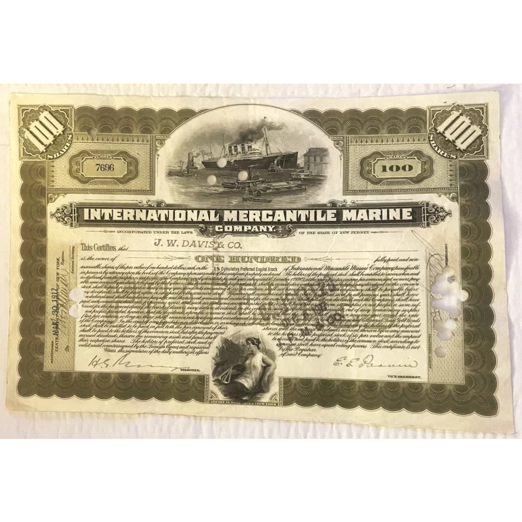 Rare Titanic International Mercantile Stock Certificate from 1910s - 1920s