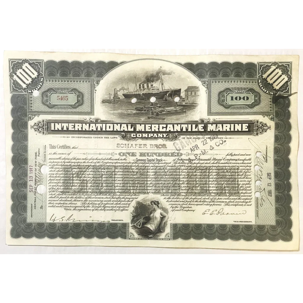 Rare Titanic International Mercantile Stock Certificate from 1910s