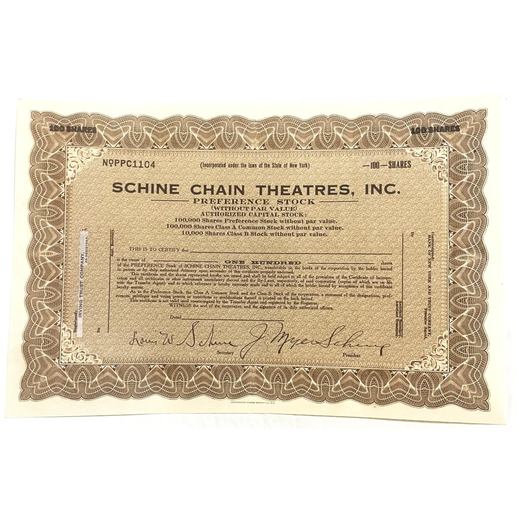 Rare 1920s Schine Chain Theatres Stock Certificate Captures Silent Era