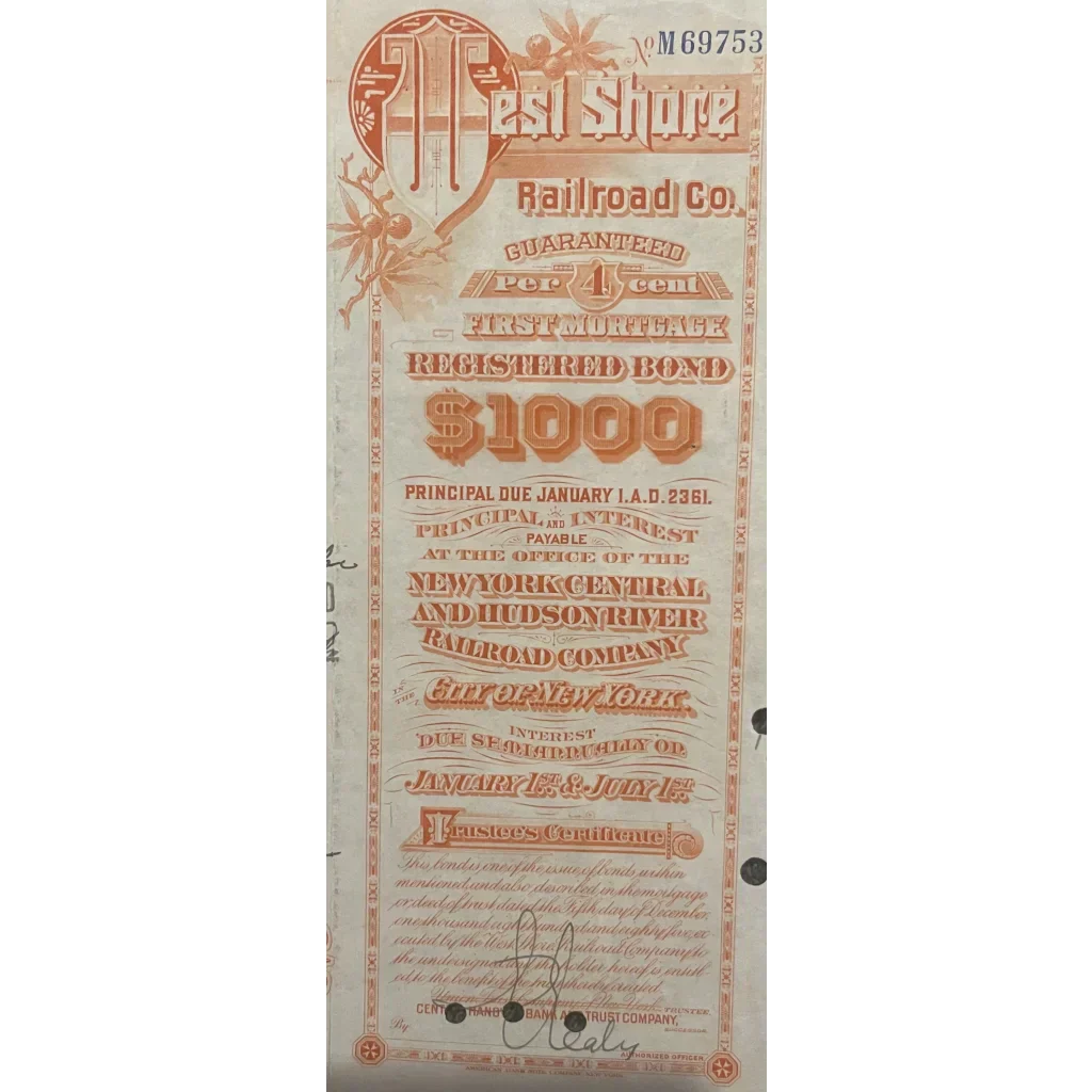 Rare Antique Vintage 1930s - 1960s West Shore Railroad Stock Certificate