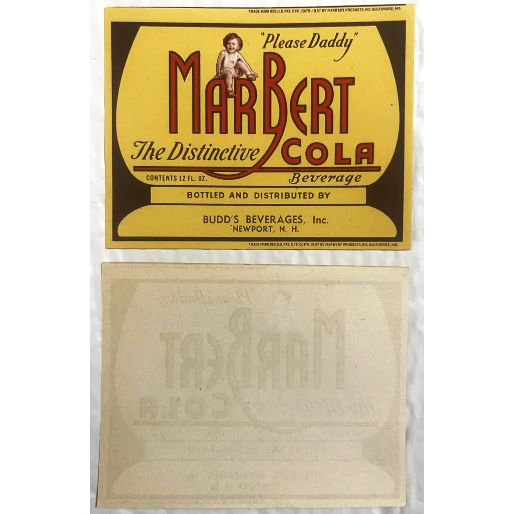 Rare Antique Vintage 1930s Marbert Cola Label from New Hampshire