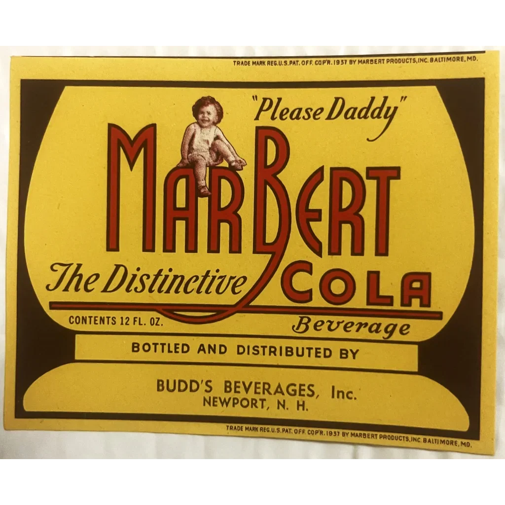 Rare Antique Vintage 1930s Marbert Cola Label from New Hampshire