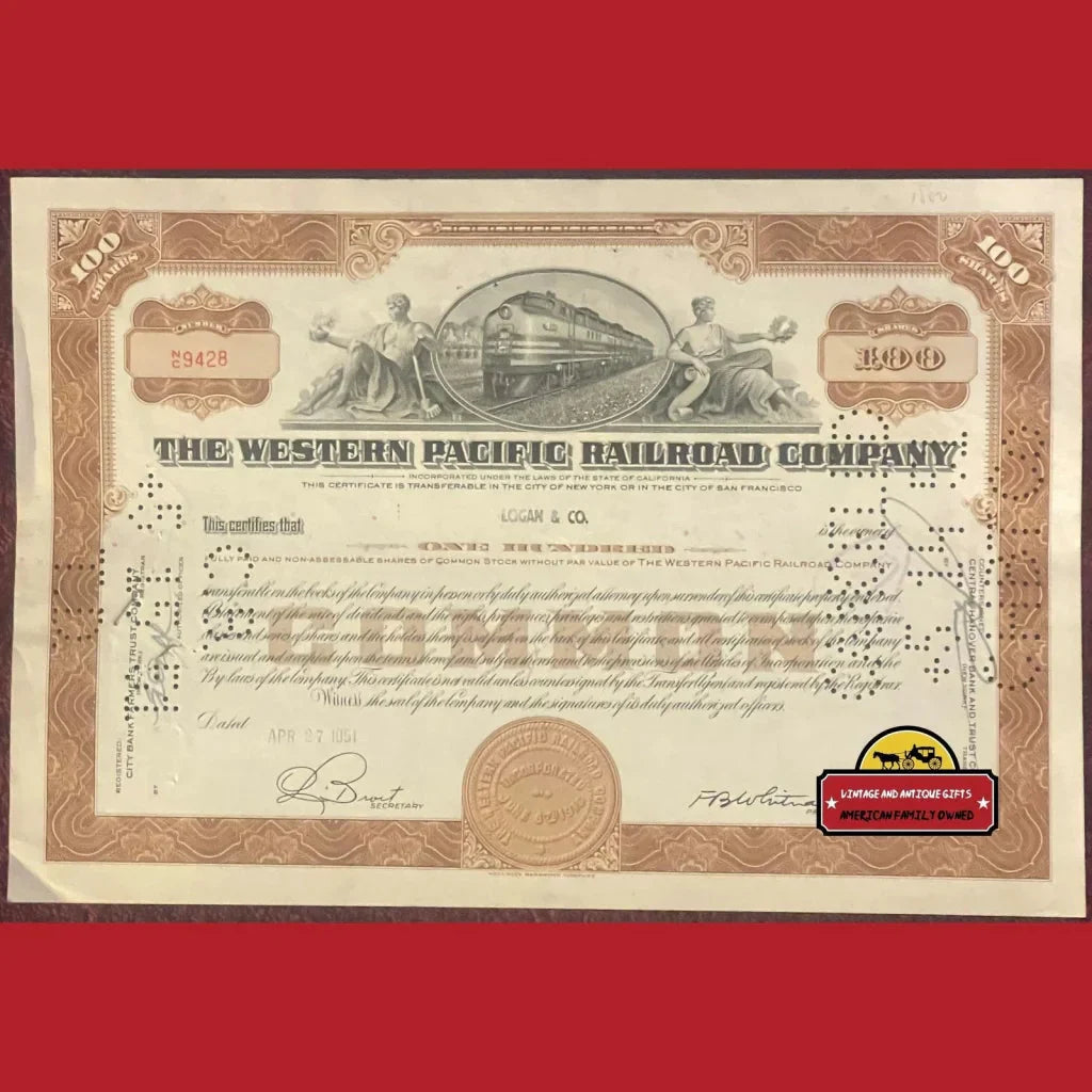 Rare Western Pacific Railroad Stock Certificate from the 1940s-50s