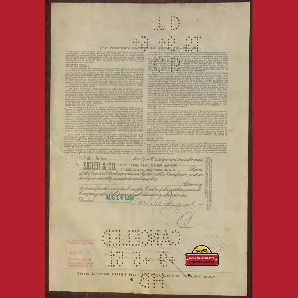 Rare Western Pacific Railroad Stock Certificate from the 1940s-50s