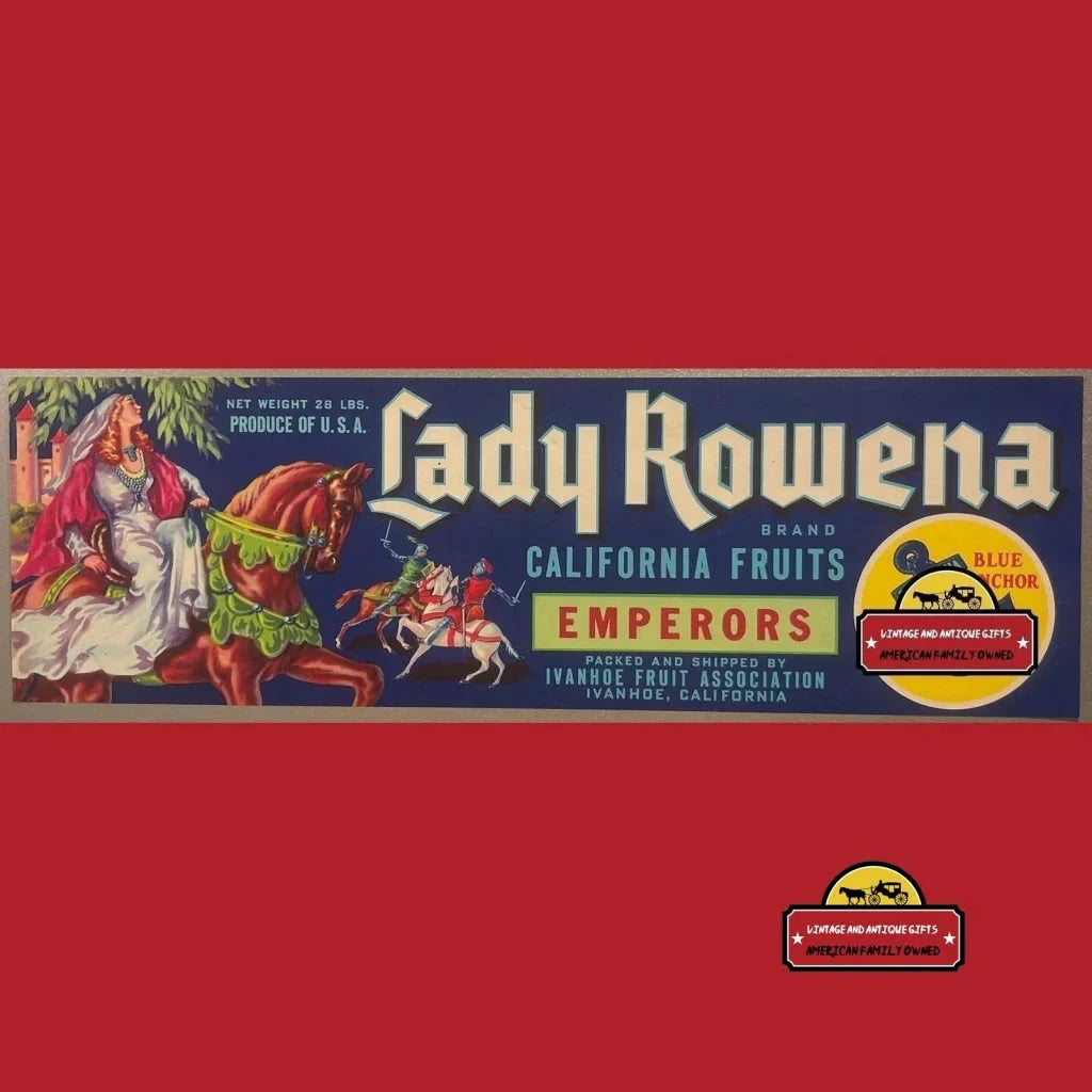 Rare 1950s Lady Rowena Antique Vintage Crate Label with Knight Duel