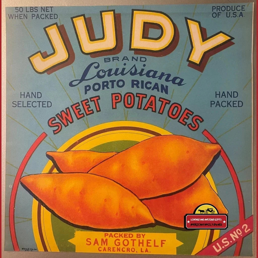 Rare Antique Vintage Judy Sweet Potatoes Crate Label from 1930s Louisiana