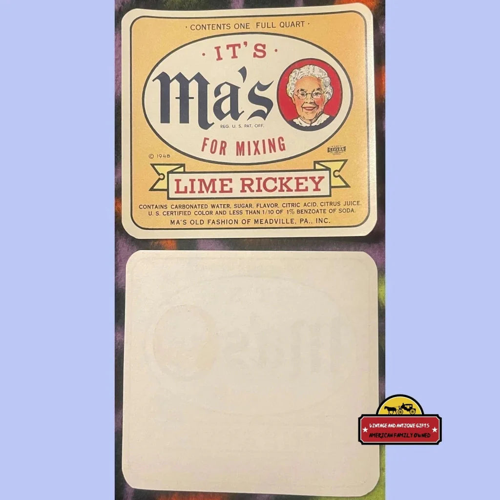 Rare Antique Vintage Ma's Lime Rickey Label from 1940s Meadville