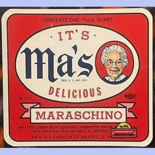Rare Antique Vintage Ma's Maraschino Label From 1940s Pennsylvania
