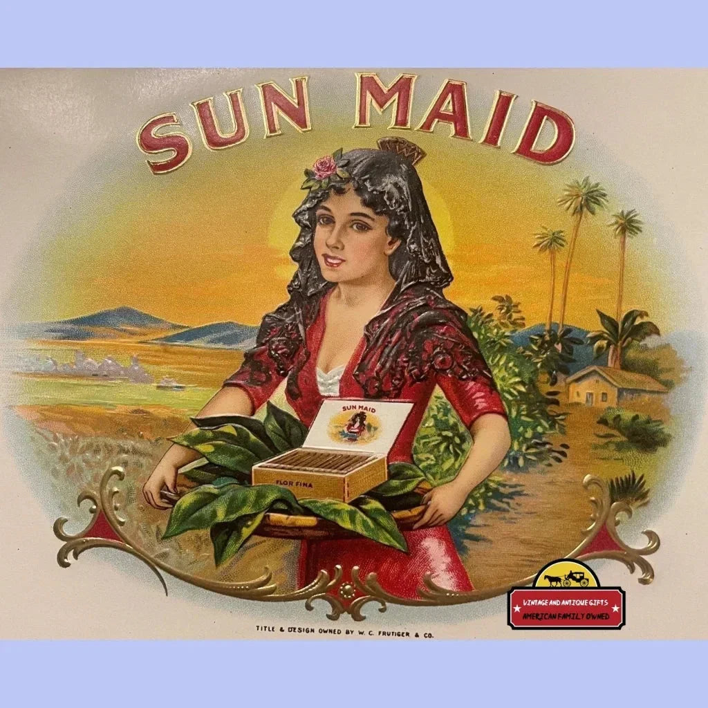 Rare Antique Sun Maid Embossed Cigar Label from Early 1900s