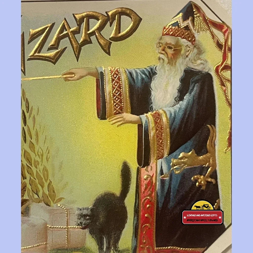 Spellbinding Antique Vintage Wizard Cigar Label with Black Cat