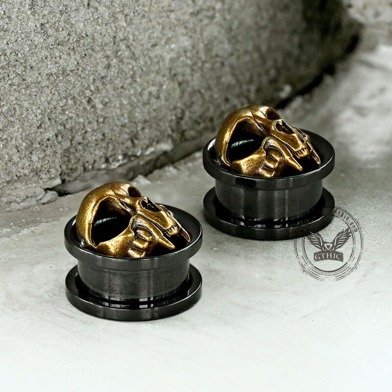 Dilatadores de oreja de acero inoxidable con forma de calavera dorada antigua