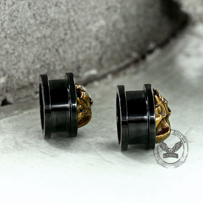 Dilatadores de oreja de acero inoxidable con forma de calavera dorada antigua