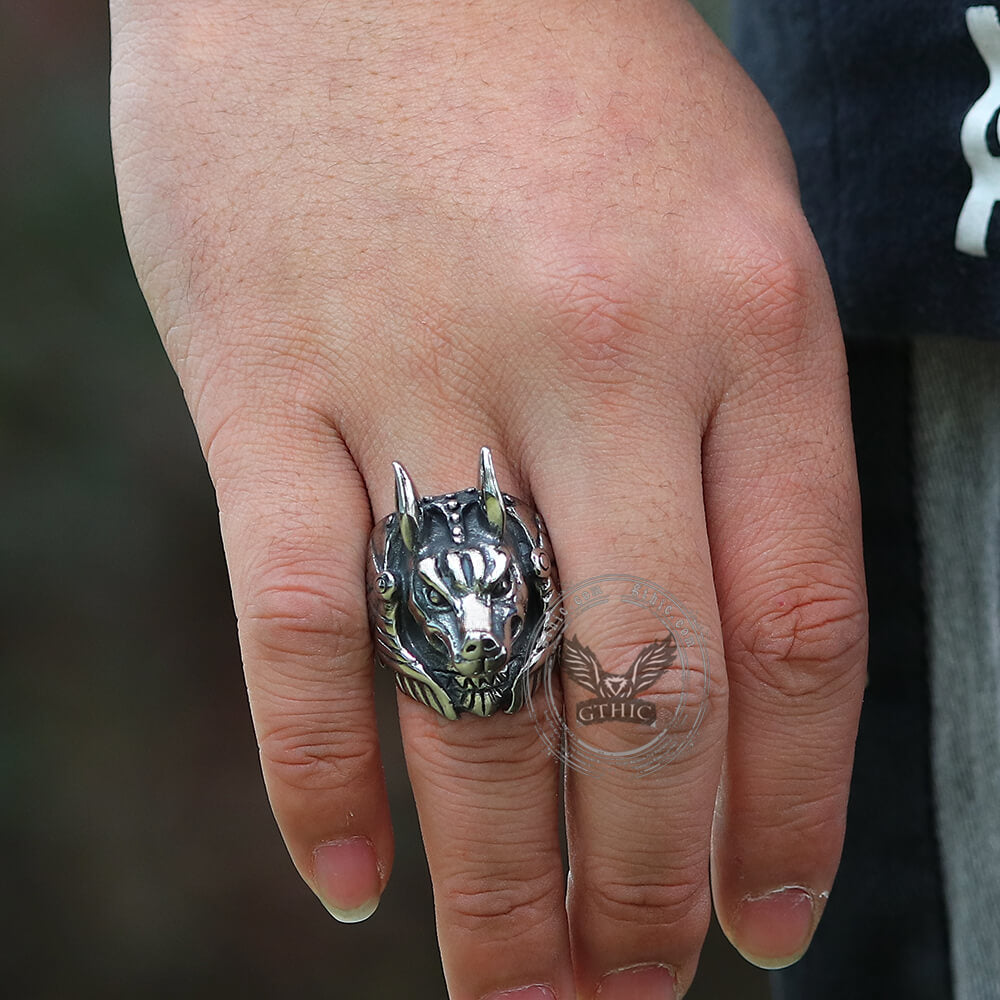 Anillo de acero inoxidable con el dios egipcio de la muerte, Anubis