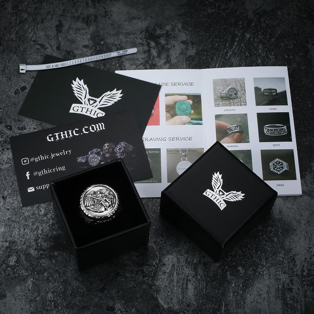 Anillo de acero inoxidable para hombre del Arcángel San Miguel, hecho a mano