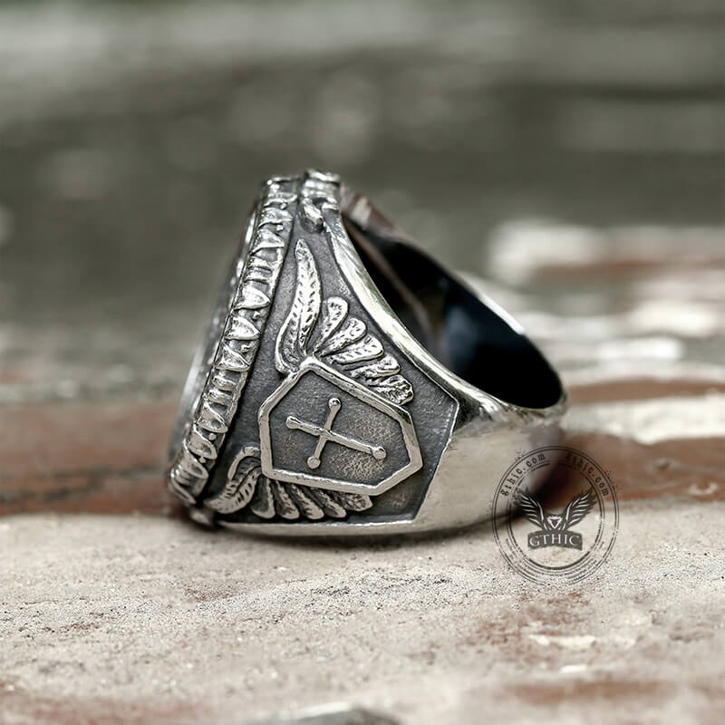 Anillo de acero inoxidable para hombre del Arcángel San Miguel, hecho a mano