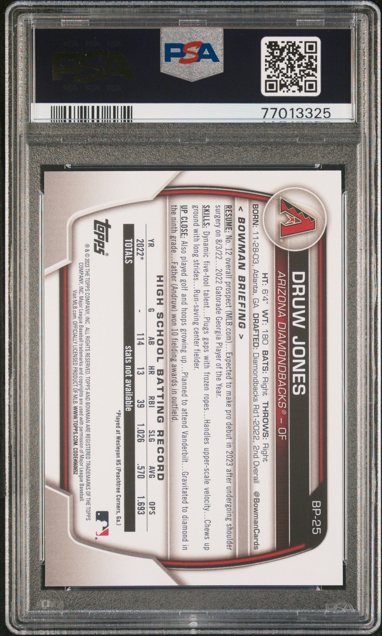 Tarjeta de béisbol Topps Bowman Druw Jones #BP25 de Paper Prospects Rookie RC, calificada en 2023, PSA 10 Gem Mint