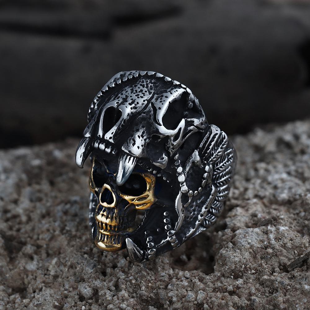 Anillo de calavera de acero inoxidable con diseño de guerrero jaguar azteca