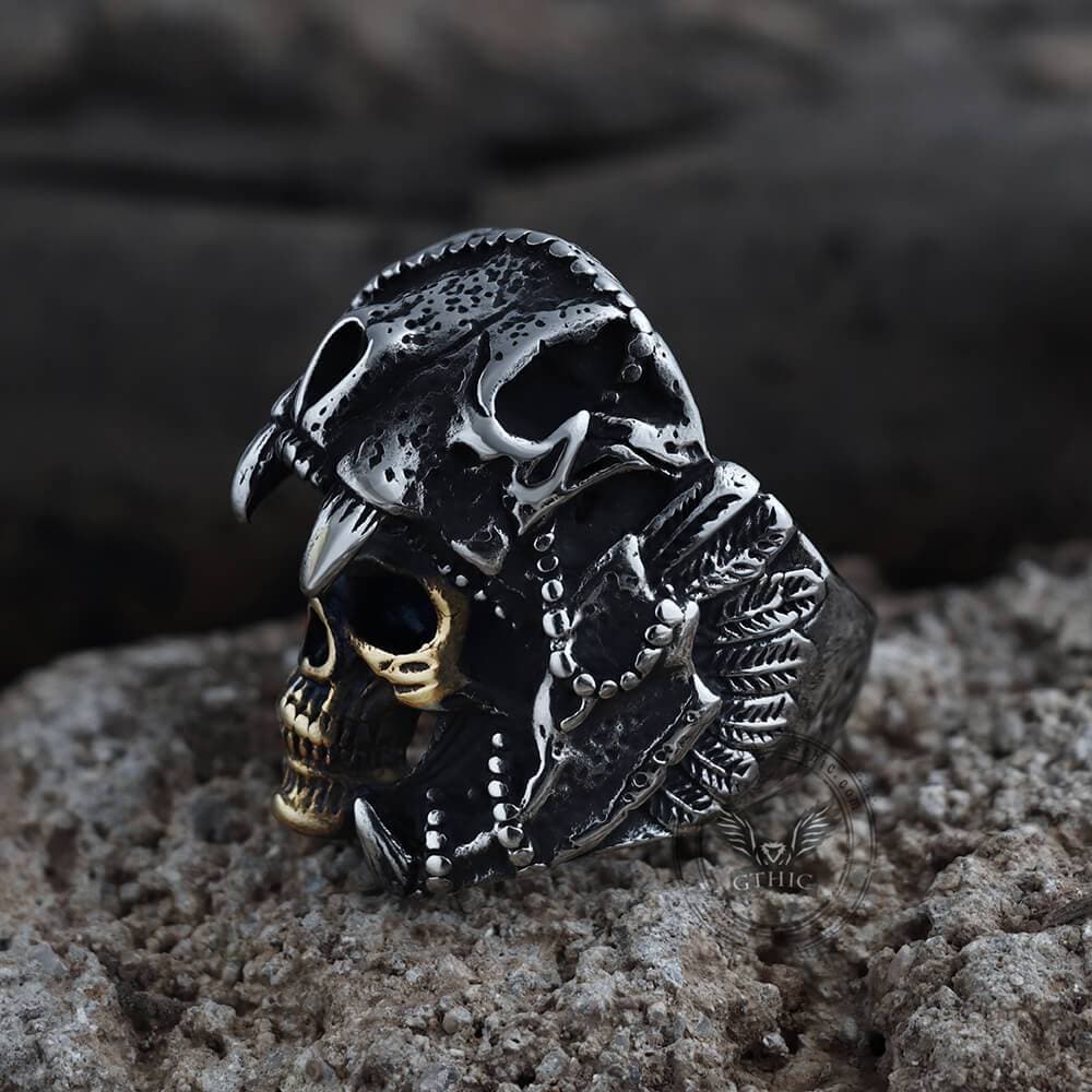 Anillo de calavera de acero inoxidable con diseño de guerrero jaguar azteca