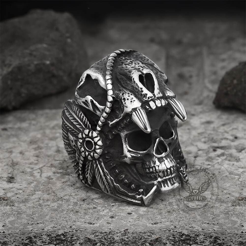 Anillo de calavera de acero inoxidable con diseño de guerrero jaguar azteca