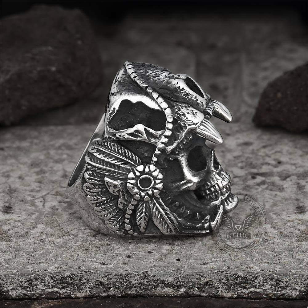 Anillo de calavera de acero inoxidable con diseño de guerrero jaguar azteca