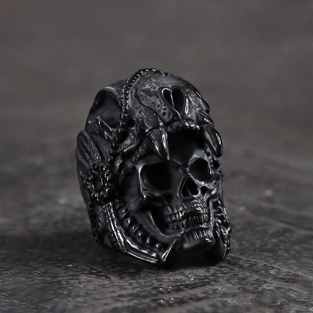 Anillo de calavera de acero inoxidable con diseño de guerrero jaguar azteca