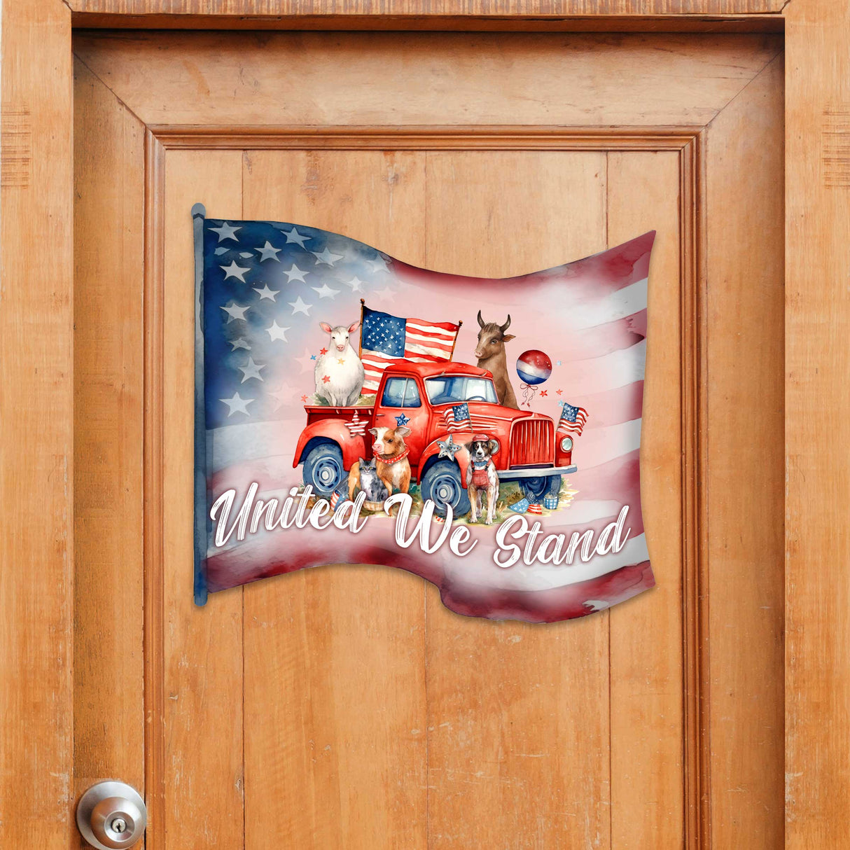 Front door welcome sign American flag United we stand Front porch Patriotic wreath Main entrance banner Welcome sign - Wooden front porch decor - 933106H