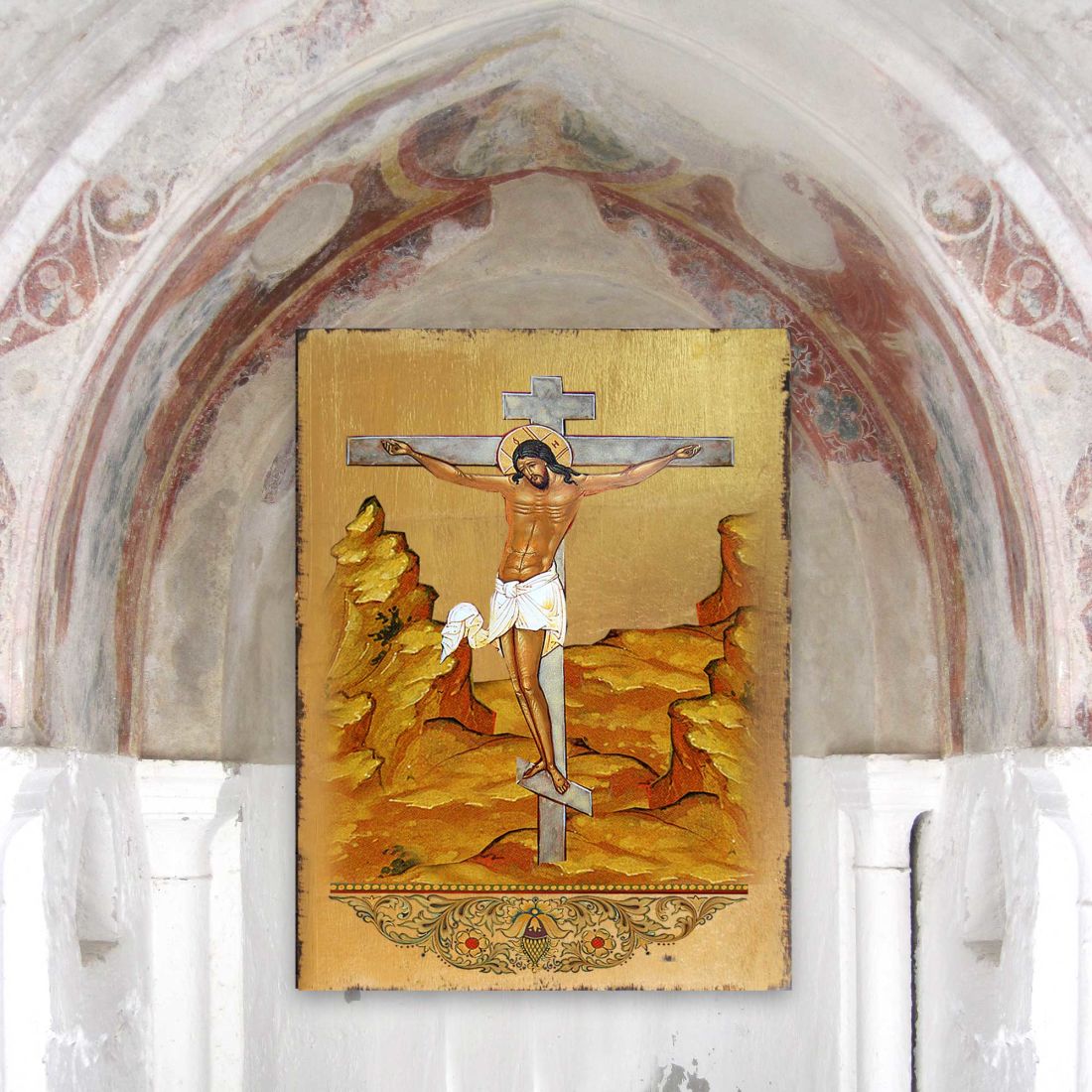 Crucifixion Wooden Gold Plated Religious Christian Sacred Icon - Inspirational Icon Decor - 85058