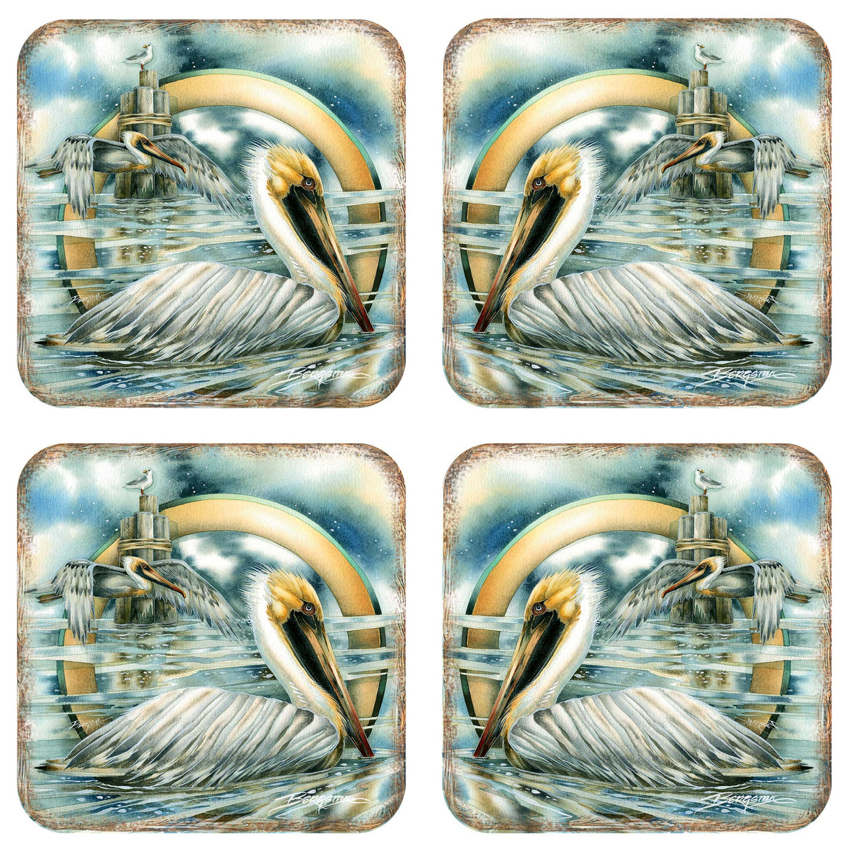 Pelicans Wooden Cork Coasters Gift Set of 4 by J. Bergsma - Coastal Holiday Decor  - 8199460C-S4