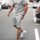 Men's Outfit, Solid Casual Crew Neck Short Sleeve T-Shirt & Drawstring Shorts 2-piece Set For Summer Outdoor Activities - Lootquake
