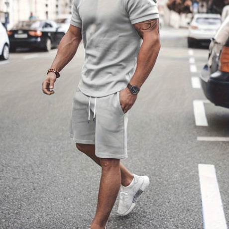 Men's Outfit, Solid Casual Crew Neck Short Sleeve T-Shirt & Drawstring Shorts 2-piece Set For Summer Outdoor Activities - Lootquake