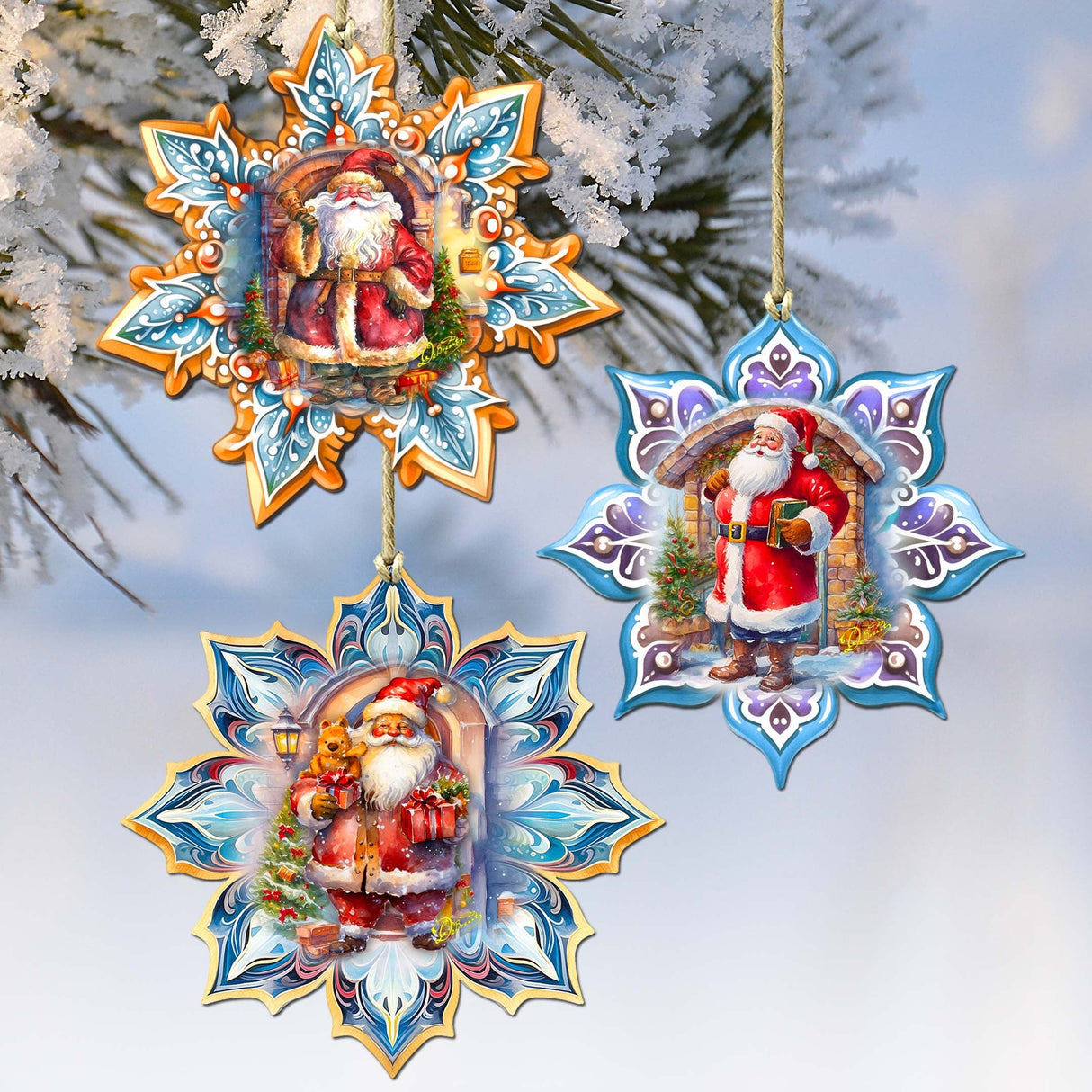 Santa's Greetings Snowflake Wooden Ornaments Set of 3 by G. Debrekht - Christmas Decor - 8090147-S3