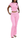 Casual Solid Color Slim Fit Two-piece Pants Set, Short Sleeved Round Neck T-shirt And Tight Flared Pants Sports Pants Clothing, Women's Clothing - Lootquake