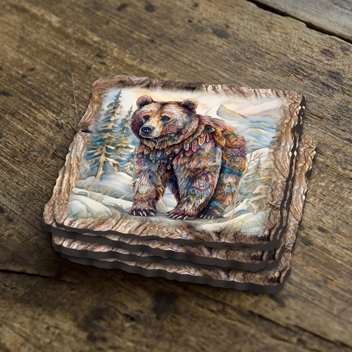 Juego de 4 posavasos de corcho de madera con diseño de oso grizzly de Nature Wonders Nature Wildlife Decor - 95397C-S4