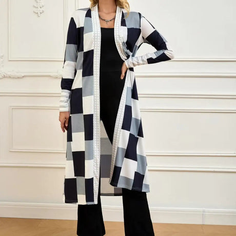 Women's Jacket Color Block Long Outer Sleeve Cardigan Casual Coat Open Front Coat Black - Lootquake