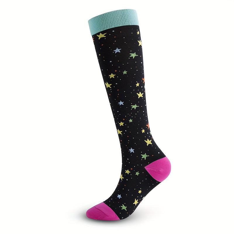 1 Pair of Stylish Striped Compression Socks for Women - Breathable, Comfortable, and Protective Ankle and Calf Support for All-Season Wear - Hand Wash Only, Nylon Blend Knit Fabric