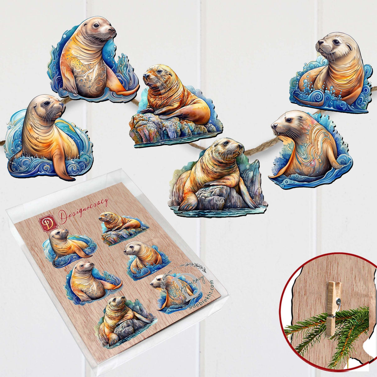 Coastal Sea Lions Decorative Wooden Clip-on Ornaments Set of 6 by G. Debrekht - Wildlife Decor - 8090127C-S6