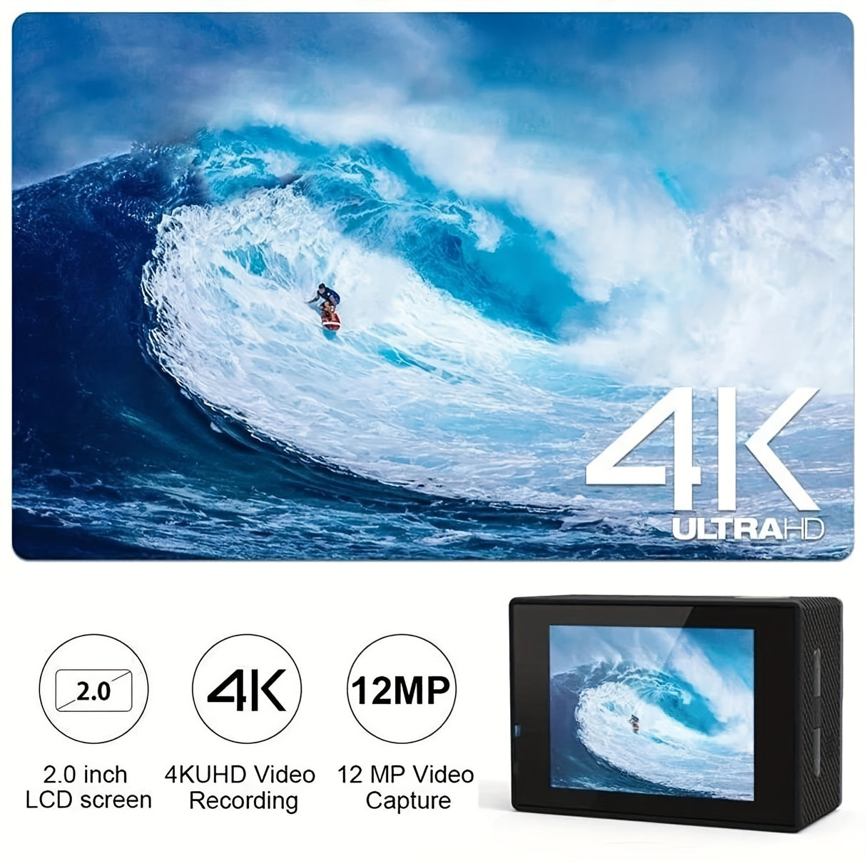 Cámara de acción 4K 30FPS de 12 MP - Cámara deportiva Full HD con conexión wifi - Cámara HD para ciclismo, buceo y exteriores con tarjeta de 32 GB