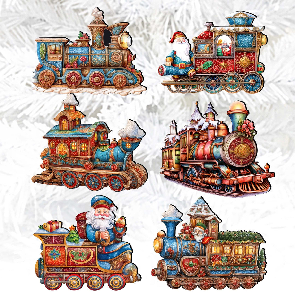 Tren navideño de Papá Noel: juego de 6 adornos decorativos de madera con clip, de G. Debrekht - Decoración navideña - 8090123C-S6