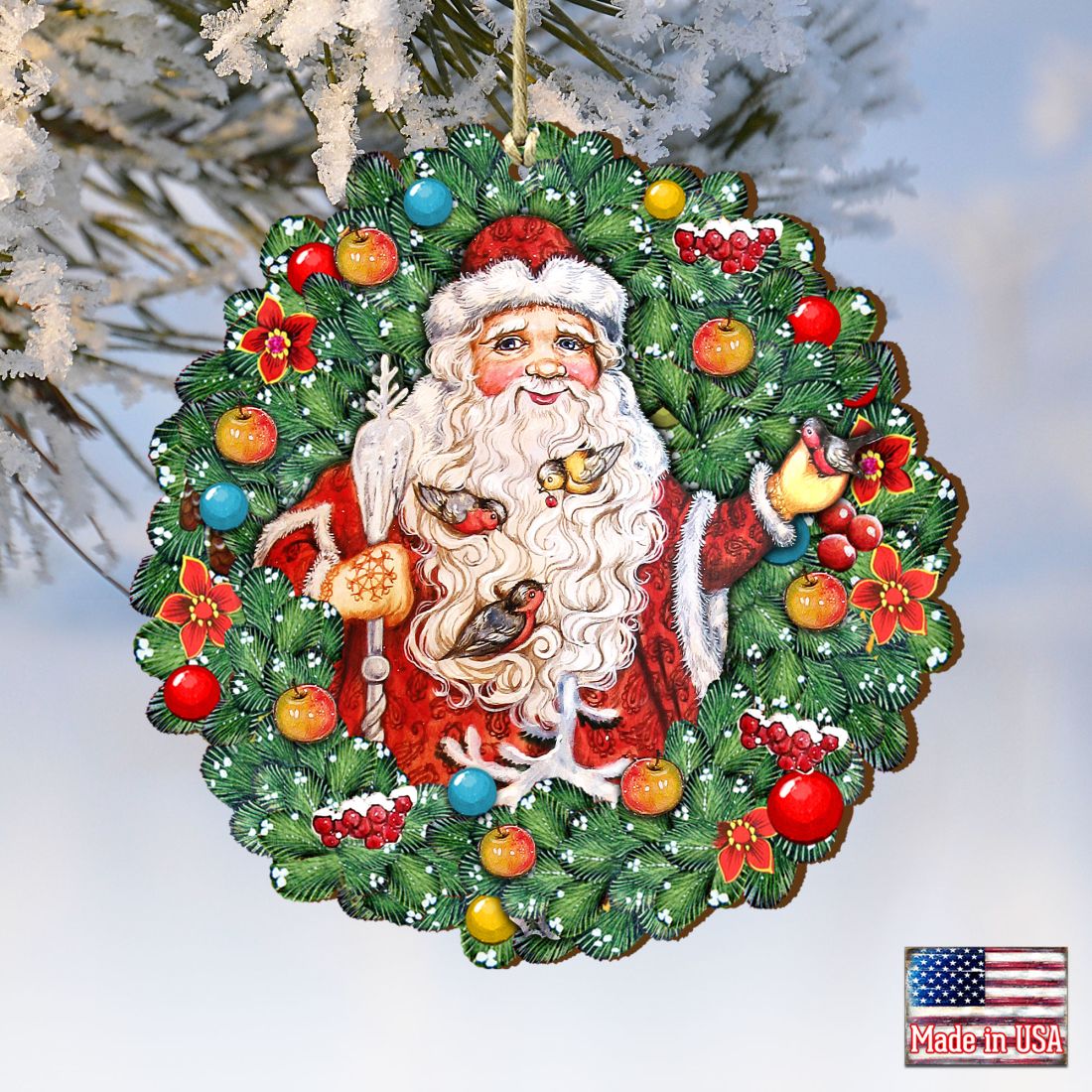 Santa Wreath with Birds Wooden Ornaments by G. DeBrekht - Christmas Santa Snowman Decor - 8185320