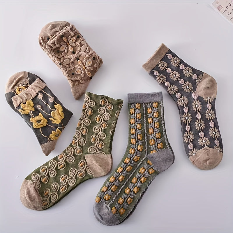 5 Pairs of Ultra-Soft Floral Pattern Womens Mid Tube Socks - Moisture-Wicking, Fashionable & Comfortable - Assorted Designs for Everyday Wear - Stockings & Hosiery Collection