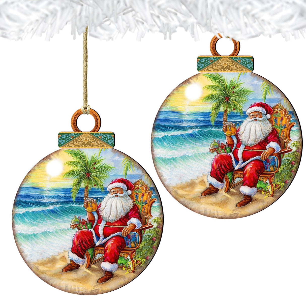 Coastal Christmas Decor - Sunset with Santa Wooden Ornaments by G. Debrekht Coastal Holiday Decor - 8688183