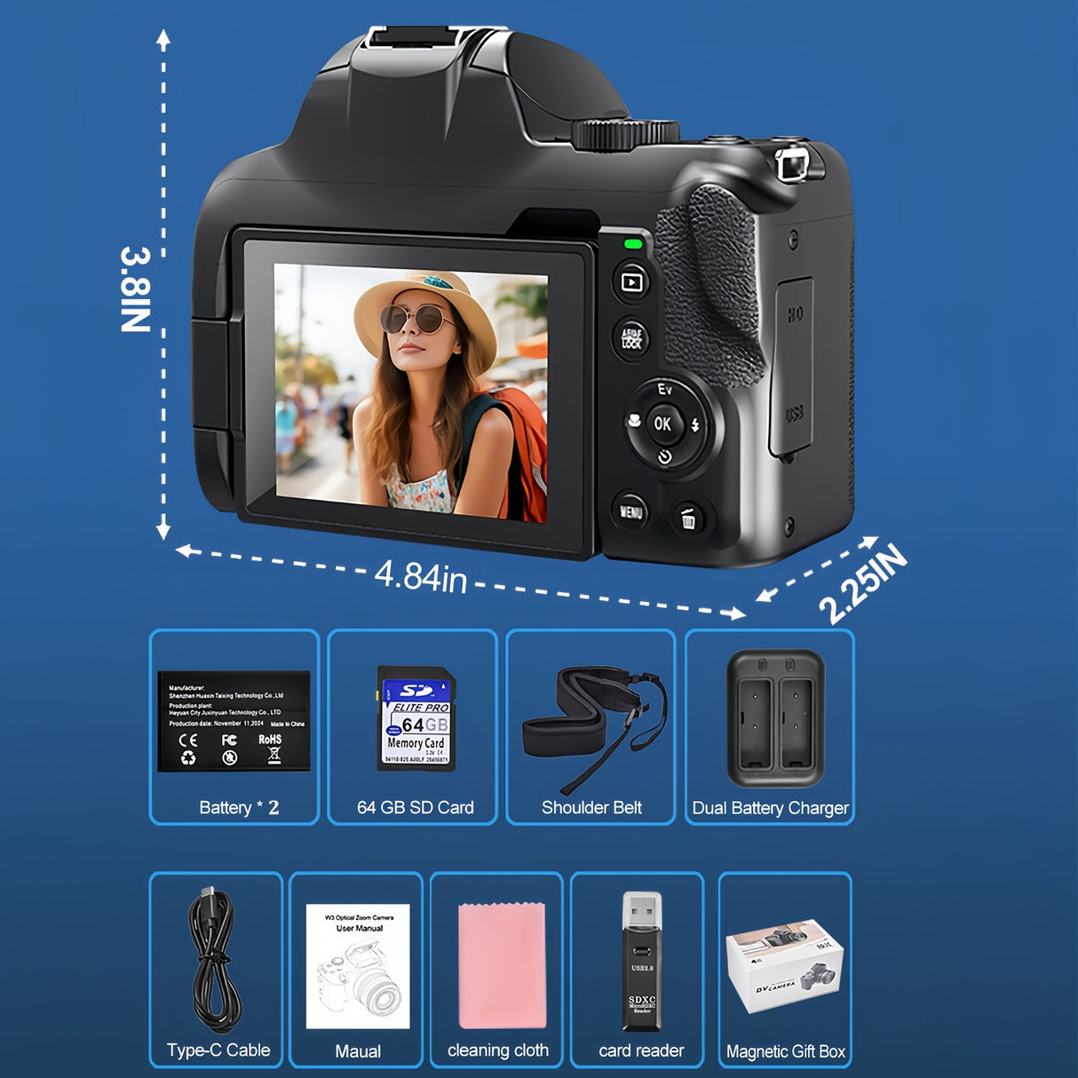 Cámaras para fotografía, cámara digital 4K con zoom óptico de 12x, cámara de vlogueo de 72 MP con pantalla giratoria de 270°, batería, cargador, tarjeta SD de 64 GB, lector de tarjetas