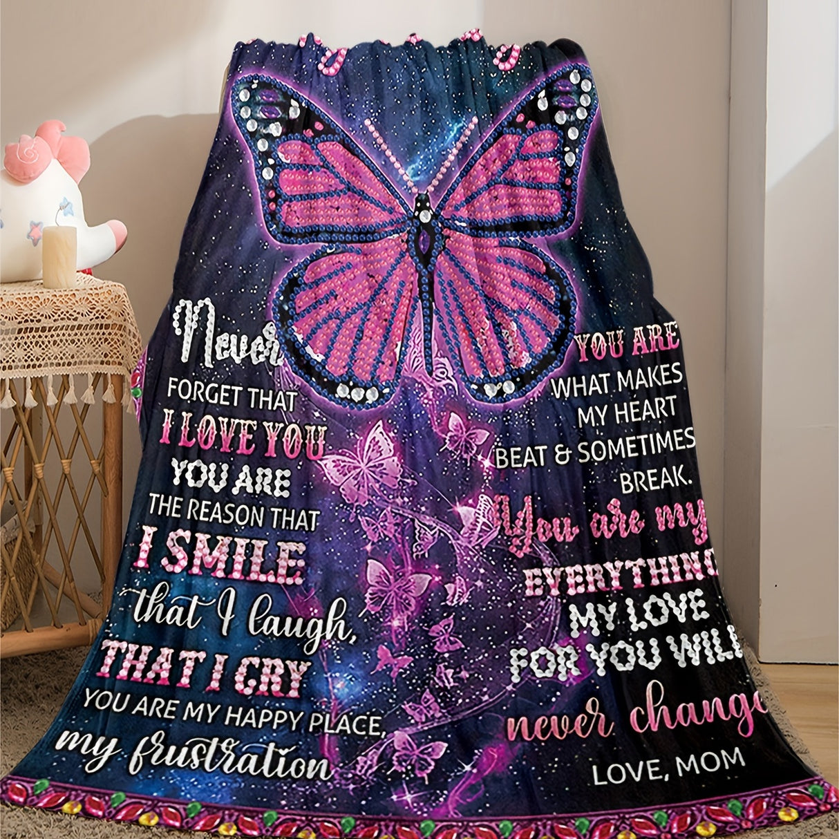 1pc Butterfly Printed Flannel Blanket, To My Daughter From Mom Envelope Blanket For All Season, Warm Cozy Soft Throw Blanket Nap Blanket For Couch Bed Sofa Office Camping Travel Home Decor, Holiday Gift Blanket For Daughter