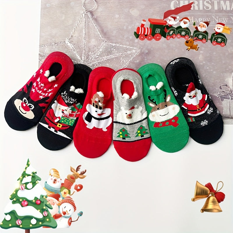 6 pares de calcetines navideños con estampado de dibujos animados, suaves y cómodos, de corte bajo, para mujer.