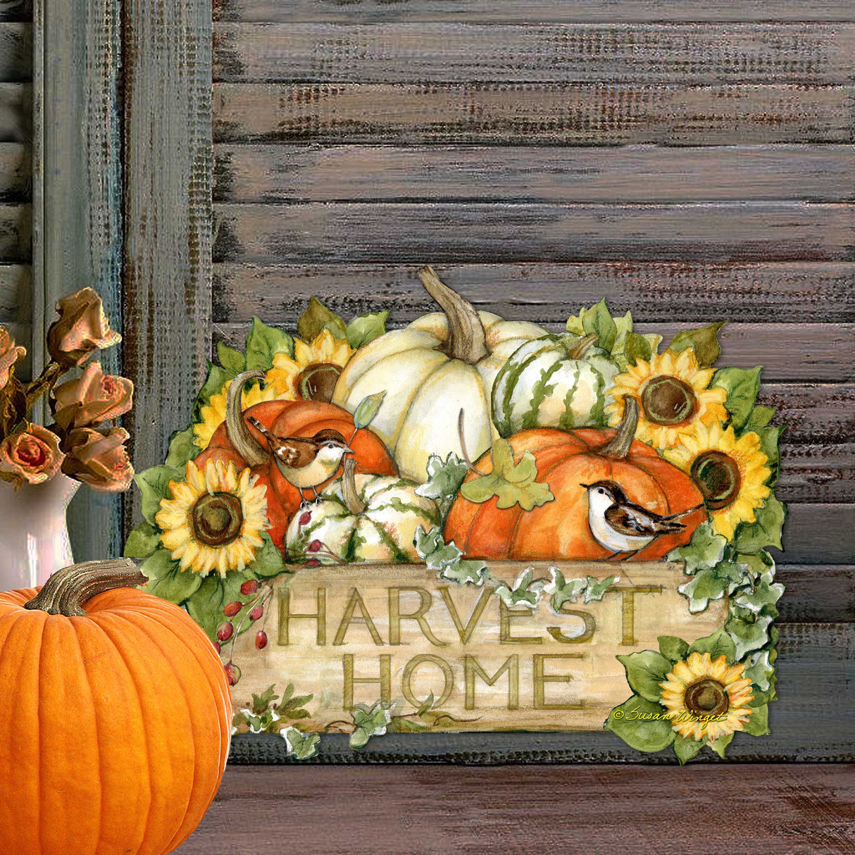 Harvest Welcome Sign - Fall Decoration Cornucopia Door Decor Handmade Gift by Susan Winget Autumn Porch Decor - 8471210H-SW