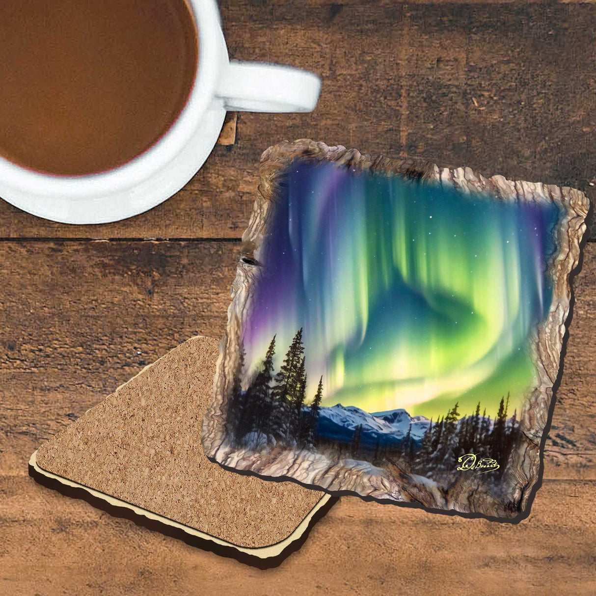 Northern Lights Wooden Cork Coasters Gift Set of 4 by Nature Wonders Nature Wildlife Decor  - 95391C-S4
